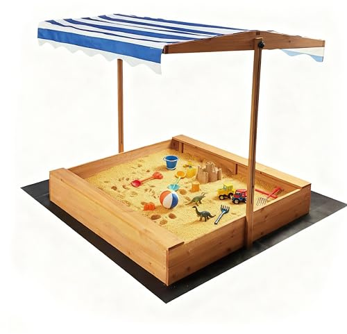 Kids Wooden Sandbox with Adjustable Canopy & Sand Protection Liner – Large Outdoor Sandpit for Ages 3-8, Backyard/Garden Play Shelter