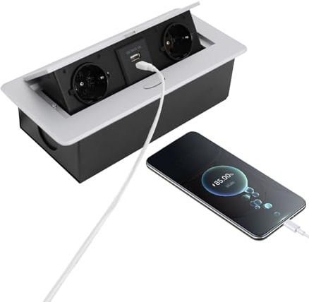 2-vägs inbyggt uttag, infällbart uttag med USB-A och USB-C, fälls ut med 45° för kök, bostadshus, kontor, svart, 1,8 m kabel