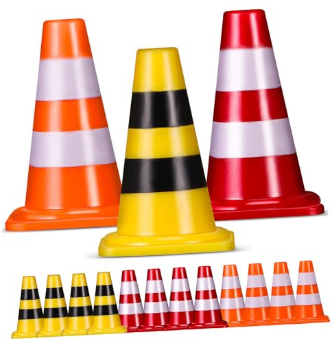 HONMEET 15 Pcs Mini Traffic Cones with Realistic Road Signs Educational Accessories for Creative Play Indoor Outdoor Use Red Yellow Orange Cones