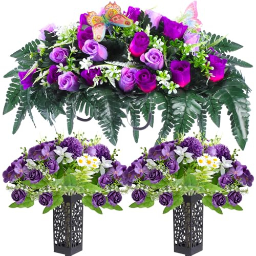Giegxin 9 Pack Artificial Cemetery Flowers for Grave Set Headstone Flower Saddle Cemetery Memorial Flowers with Vases and Arrangements Bouquets for Outdoor Grave Tombstone Decorations(Purple)
