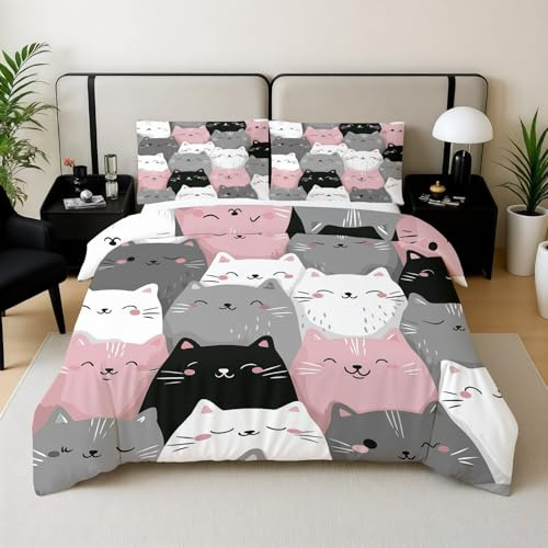Kioldoq Parure De Lit 90x190 Enfant, Mignon Chat Housse De Couette Fermeture Éclair, Dessin Animé Parure De Lit 3 Pièces, Abstrait Animaux Linge De Lit Microfibre avec 2 Taies d'oreiller