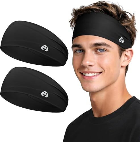 AWUMBUK Fascia Capelli Uomo, Sportiva Fascette Capelli Traspiranti, 2 Pcs Fascia per Capelli Antiscivolo - Bandana Elastiche Headband Sweat Absorbing per Running, Palestra, Yoga, Tennis, Ciclismo