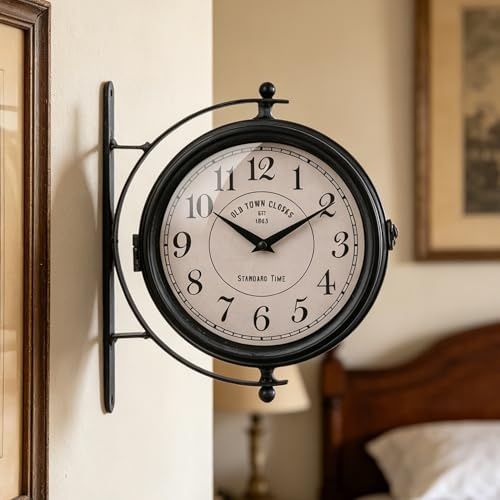 Coslife Vintage Double Sided Wall Mount Clock, Wrought Iron 2 Faces Station Clock, Quiet Analog Wall Clock with Large Numbers for Indoor&Outdoor Garden Wall Art Decoration(Black)