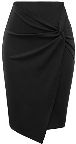 Kate Kasin Wear to Work Pencil Skirts for Women Elastic High Waist Wrap Front Knee Length Bodycon Skirt Tummy Control Black