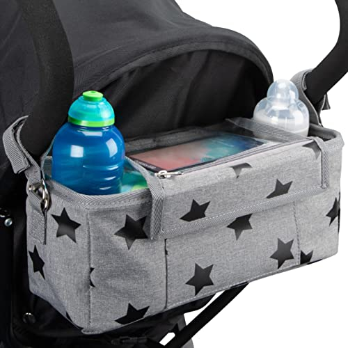 Kinderwagen Organizer, Buggy Organizer mit wasserfestem Regenschutz & 2 Kinderwagen Clips. Grau - Schwarze Sterne. BTR