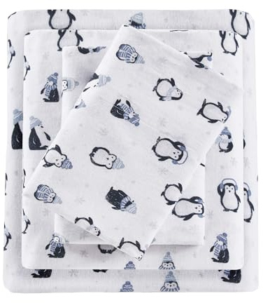 Intelligent Design Cozy Soft 100% Cotton Flannel Novelty Print Animals Stars Cute Warm, Ultra Soft Cold Weather Sheet Set Bedding, Full, Blue Penguins 4 Piece