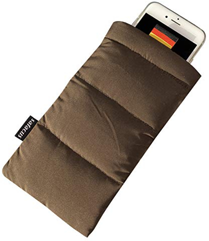 SAFACUS Thermo Handyhülle Tasche Universal Daunen Pouch Handysocke Weihnachten Geschenke für Smartphones Handy Winter Handyhülle für iPhone 16 Plus 17 Pro Max, Samsung Galaxy (Brown)