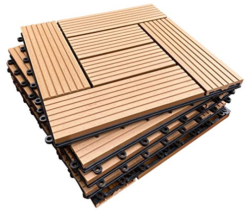 CLICK-DECK Click-Deck Mosaik-Terrassenfliesen aus Verbundwerkstoff – Ebenholz, Grau & Teak Terrasse, Balkon, Dachterrasse, Whirlpool-Deckfliesen Bodenbelag (18 x Verbundplatten, Teak-Mosaik)