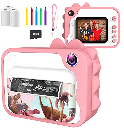 Ushining Appareil Photo Enfant à Impression Instantanée, Appareil Photo Numérique avec écran de 2,4 Pouces 3 Rouleaux de Papier à Imprimer, Vidéo Caméra pour Filles Garçons de 3 à 12 Ans - Rose