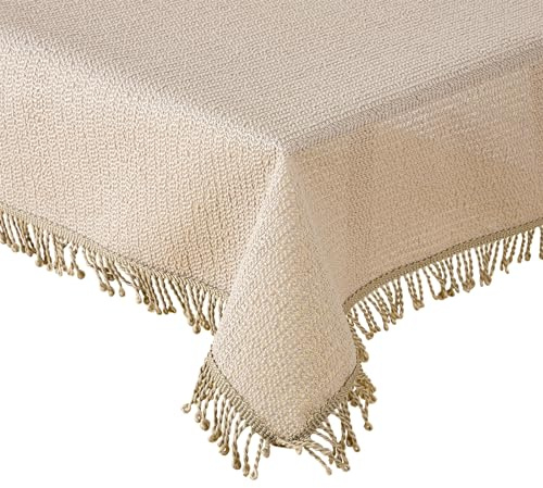 Tischdecke Outdoor Wetterfest, rutschfest & UV-Beständig in 7 Farben mit Fransen - Weichschaum PVC Tischdecke Abwaschbar & Waschbar bei 30°C - Gartentischdecke Rechteckig 130x160 cm Beige
