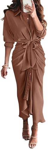 BTFBM Summer Dresses for Women 2026 Long Sleeve V Neck Button Down Elegant Belted Ruched Satin Silk Shirt Spring Dress(Dark Khaki, Small)