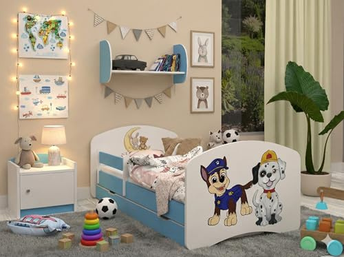 Happy Babies Kinderbett mit Rausfallschutz Junge 160x80 Bett für Kinderzimmer mit Schublade Matratze Einzelbett mit farbigem Aufkleber für Kinder Weiß Blau Hundemotiv