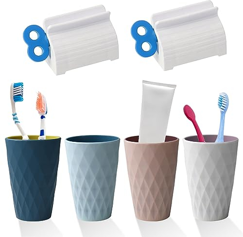 Nizirioo 4 Stück Premium Zahnputzbecher: Mundbecher Kunststoff, Zahnputzbecher Set mit 2 Zahnpastaspender, Wiederverwendbar Trinkbecher Kunststoff für Erwachsene,Jugendliche, Kinder(450ml, Mehrfarbig)