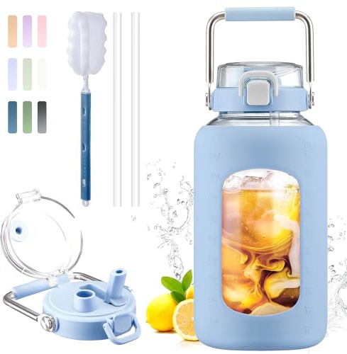 BLUEGO 2500ml Borsa per l'acqua in vetro con manico in acciaio inossidabile 2,5L Borsa per l'acqua grande con custodia in silicone Brocca per l'acqua Senza BPA per lo sport, Blu