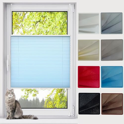 Premium Plissee Faltrollo 35 x 40 cm Sichtschutz und Sonnenschutz Plissee ohne Bohren Klemmfix Rollo Blickdichtes Falt-Rollo, für Fenster, Blau