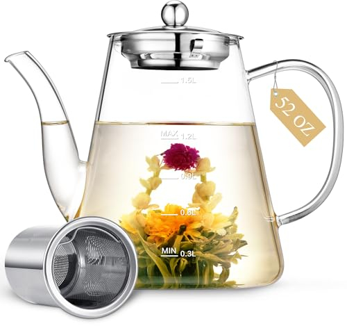 Zpose Tetera de vidrio de 1500 ml, tetera grande con infusor para té suelto y té floreciente, hervidor de té seguro para estufa, máquina de té de vidrio de borosilicato hecha a mano con línea de