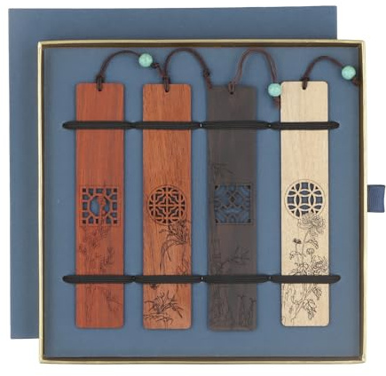 Lesezeichen Holz, Vintage Lesezeichen aus Holz, 4 Stück lesezeichen holz Blume, Natürliches Hohles Handwerks mit Anhänger Geschenk für Lehrer, Schüler, Männer und Fraue