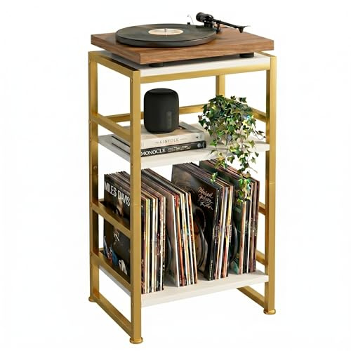 ZEXVIDA Vinyl Record Player Stand, 3-Tier End Table with Vinyl Record Storage, Record Player Table Holder Cabinet Up to 120 Albums for Living Room Bedroom - Gold