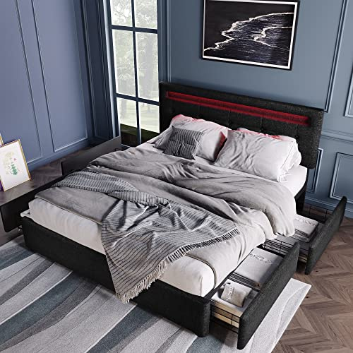 Aoskem Polsterbett Bett 140x200 cm Doppelbett, Bett mit Stauraum 4 Schubladen, LED-Kopfteil, Stauraumbett Bettgestell mit Lattenrost, Rückenlehne Flachbett Jugendbett, Ohne Matratze, Leinen Schwarz