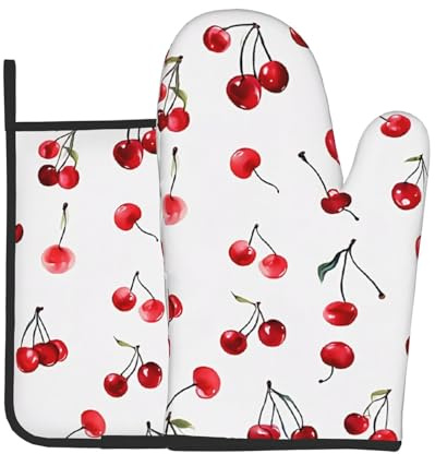 Set di 2 presine da forno con stampa di ciliegie rosse, resistenti al calore, per donne e uomini, per cucinare barbecue