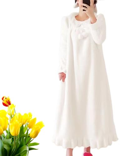 JXOPY Chemise de Nuit en Flanelle à Manches Longues for Femmes, Grande Taille, Chemise de Nuit à Manches Longues, Douce, Confortable, Chaude, for l'hiver(Blanc,XXL)