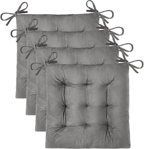 OVOV 4 Pack Chair Cushions for Dining Chairs Comfortable Seat Cushions for Kitchen Desk Chairs Velvet Chair Pads with Ties (39x39x6 cm/15.5x15.5x2.5 inch, Light Grey)