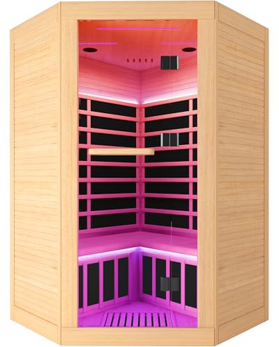 2-3 Person Corner Infrared Sauna Cabin 2180W Home Dry Steam Sauna with Colorful Lights and Bluetooth Speaker, Low Electromagnetic Radiation Canadian Hemlock Wood Dimensions 47.2 x 47.2 x 74.8 inches