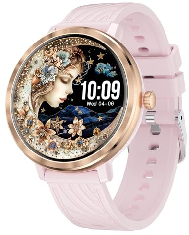 Smartwatch Damen, Smart Watch Rund mit Telefonfunktion, 1,19 AMOLED Fitnessuhr Damen Sportuhr mit 100 Sportmodi & IP68, Herzfrequenz SpO2 Schlafmonitor, Armbanduhr Schrittzähler Uhr für Android iOS