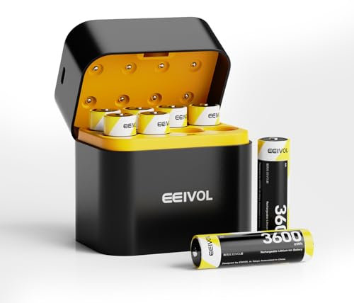 GREENOE Lot de 8 piles au lithium AA rechargeables avec chargeur, 3600 mWh haute capacité 1,5 V, piles AA Li-ion rechargeables longue durée avec boîte de rangement intégrée