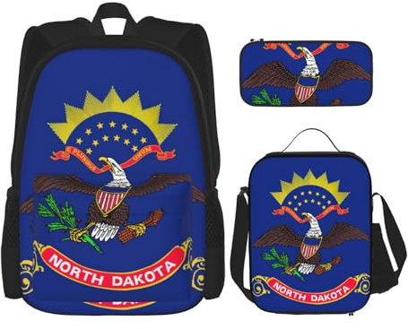 OXKGHHO Juego de mochila de trabajo con estampado de bandera del estado de Dakota del Norte con lonchera aislada, correas ajustables, para gimnasio y uso diario, Negro -, Talla única