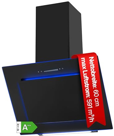 Amica Dunstabzugshaube 60 cm Kaminhaube TouchSlider Schwarz KHF 665 651 S | Abluft, 650 m3/h, 10 Stufen, RGB Light, Nachlaufautomatik, BLDC Motor, leiser Betrieb