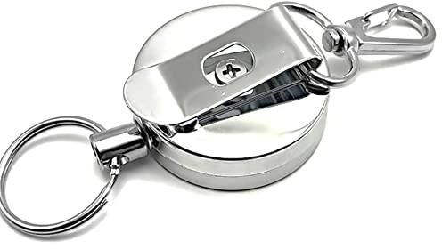 Enginess® Sturdy Heavy Duty Retractable Keychain with Belt Clip & Carabiner – 60cm Steel Wire ID Badge Holder, Stainless Steel Recoil Key Fob for Work, Security, Office, Hiking, Camping – Durable