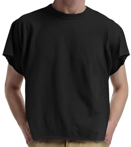 Duohropke Maglietta da uomo Boxy Cropped Raw Cut Tee a maniche corte, girocollo, casual, basic top, taglie forti, Y2K, Streetwear, traspirante, leggera, estiva, Nero , M