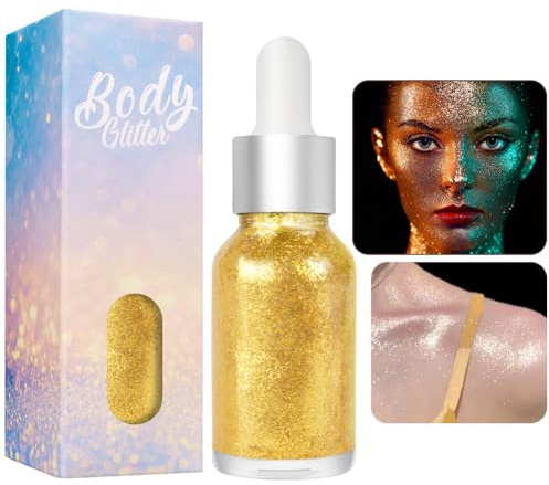 AOOWU Gold Liquid Face & Body Glitter with Fine Sparkle, Highlighter Makeup Glitter Easy Blend Long Lasting,Body Sparkling Halloween Christmas Party Glitters for Body Eye Hair Nail DIY Art(Gold)