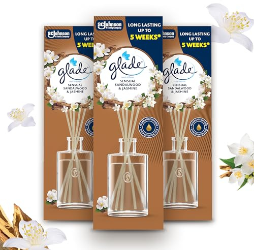 Glade Diffusore a Bastoncini, Profumatore per Ambienti con Oli Essenziali, Fragranza Sensual Sandalwood & Jasmine, confezione da 3 diffusori da 50ml
