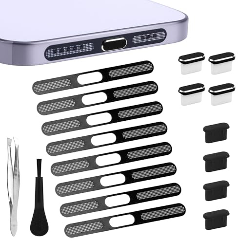 Penitue 16pzs Tapones Antipolvo USB-C & Cubierta Malla Altavoz Teléfono, Protector Puerto Carga Silicona y Metal con Cepillo Limpieza Pinzas Accesorios Teléfono para iPhone 16/15/Plus/Pro/Pro MAX