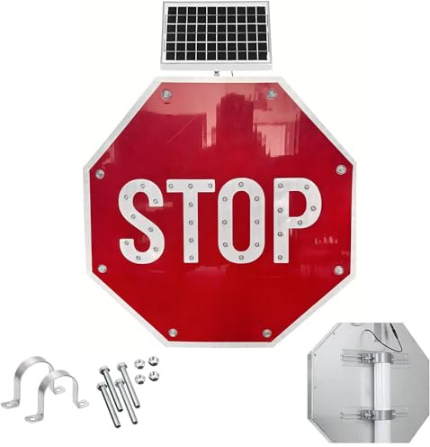 Lissontine Segnale Stradale LED Solare 24 / 32, Cartello Stop Lampeggiante Riflettente, Segnale Stop Ad Alta visibilità per Zona Scolastica E Cantiere 32in