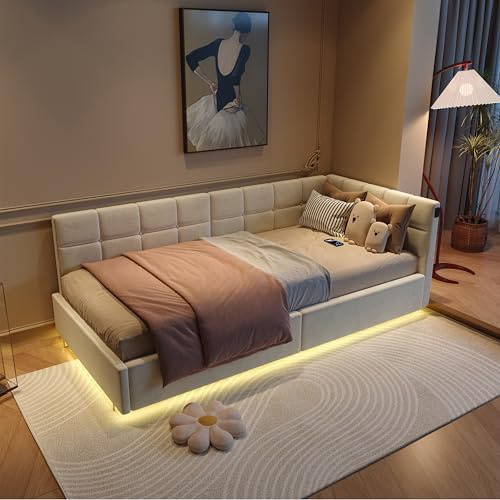 Einzelbett 90x200 cm mit Bettkasten & LED-Beleuchtung, Polsterbett aus Samt mit USB-Anschluss, Tagesbett Sofabett Jugendbett mit Stauraum&Lattenrost für Schlafzimmer Gästezimmer, Beige, Keine Matratze