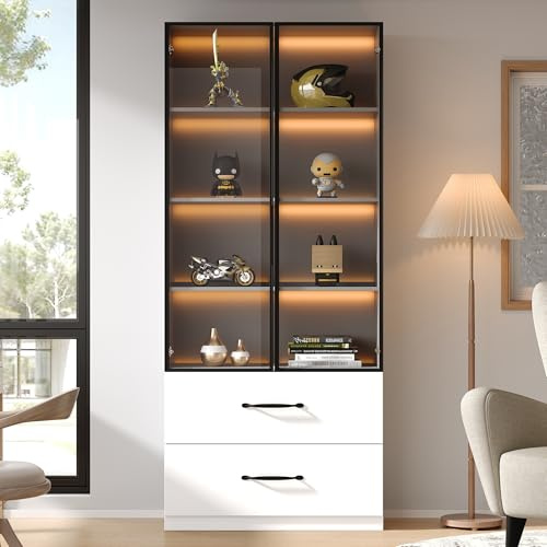 Yrxin Vitrina LED 60 x 40 x 160 cm, estantería y armario multifunción con cristal y compartimentos abiertos, bisagras de cierre suave, iluminación LED multicolor, vitrina de cristal a prueba de polvo