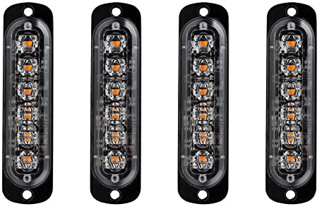 4pcs 12-24V Ultra Mince Voyant Barre D'alarme Stroboscopique d'urgence Lampe- 6 LEDS Bande lumineuse D'avertissement de Flash Camion Moto Voiture - Ambre & Blanc