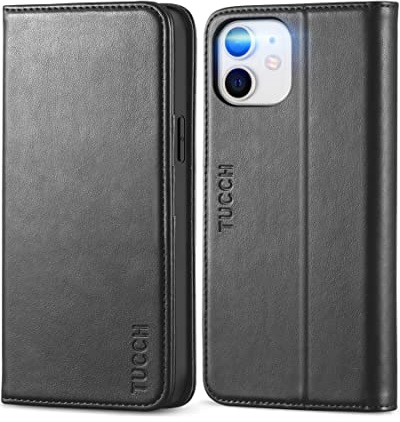 TUCCH Hülle für iPhone 12 Pro, für iPhone 12 (6,1), Schwarz | Handyhülle, Verdicktes TPU, Kartenfächer, Standfunktion, Magnet, Stoßfeste Schutzhülle, Bookcase