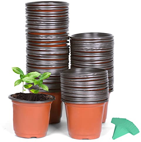 Cymax 100 Pack 10cm Plants Nursery Pots with Plant Lables,Reusable Plant Seeding Plastic Plant Flower Container Seed Starting Pots for Succulents,Herb,Vegetables,Seedlings, Transplanting