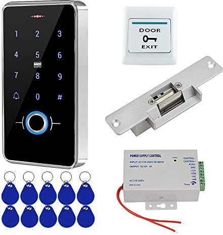 FST Kit Sistema di Controllo Accessi Porta Set Impronte Digitali Biometriche Tastiera RFID Impermeabile IP68 + Alimentatore K80 3A + Serratura Elettrica NC + 10pcs 13,56MHz RFID Keyfobs Cards