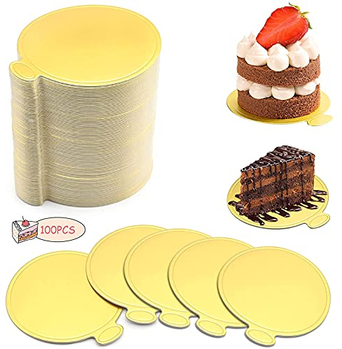 100Pcs Mousse Gold Cake Boards, Mini Cheesecake Disposable Boards Cardboard Cake Bases Dessert Trays for Display Wedding Birthday Party Cake Pastry Decoration (Round)