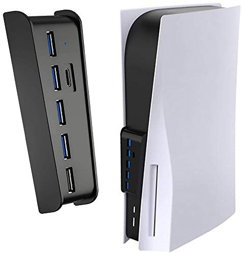 5 Port USB Extender High-Speed Transmission Expansion Adapter Konverter Splitter mit 4 USB 2.0 Port + 1 USB Ladeanschluss + 1 Typ C 3.1 Port für Playstation 5 Gaming Konsole - Schwarz