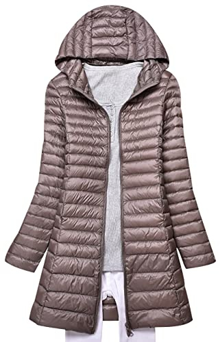 Doudoune Longue Légère Femme Doudoune Legere Femme Long Capuche Fine Hiver Puffer Jacket Veste Matelassée Blouson Matelassé Femme Parka Doudoune Duvet Plume Ultralight Femme Pliable Cintrée Kaki M