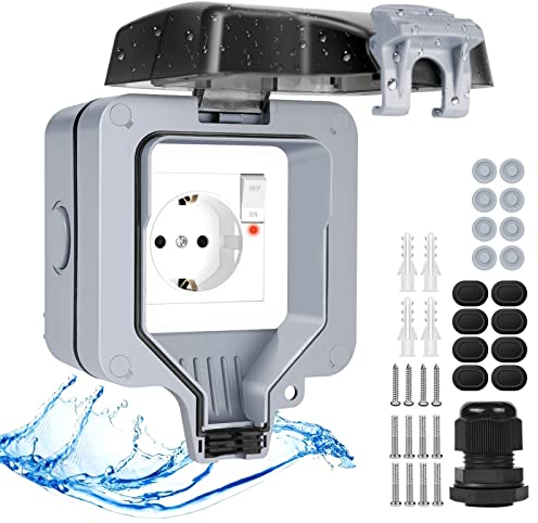 2022 Outdoor Socket Waterproof Socket IP66 with Switch Indicator Light, Weatherproof Outdoor Socket Surface-Mounted Outdoor Socket Garden Wall Socket with Lockable Hinged Lid Single Socket DE