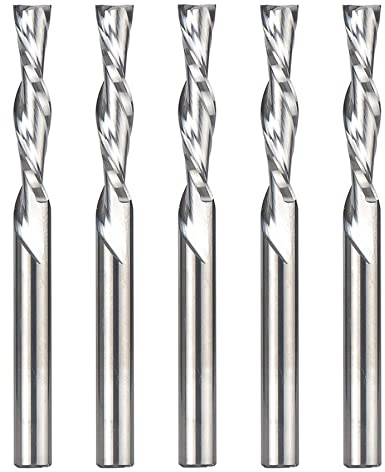 SpeTool 5 Stück nach unten geschnittene Spiralfräser-Bits, 1/4-Zoll-Schaft, 3,8 cm Schnittlänge, 7,6 cm extra lang, CNC-Fräser-Set, Downcut für Holzfräser