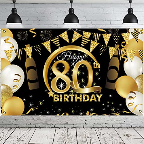 PLATEYTR 80 Años Decoración de Fiesta de Cumpleaños80 Años Fondo de Cumpleaños de Oro Negro,80 Años Banner de Fondo de Feliz Cumpleaños,Póster de Tela Cartel Extra Grande