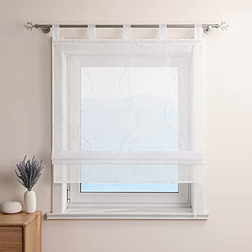 ESLIR Raffrollo mit Schlaufen Gardinen Küche Bestickt Raffgardinen Voile Transparent Schlaufenrollo Modern Vorhänge mit Wellen Stickerei Weiß BxH 120x140cm 1 Stück